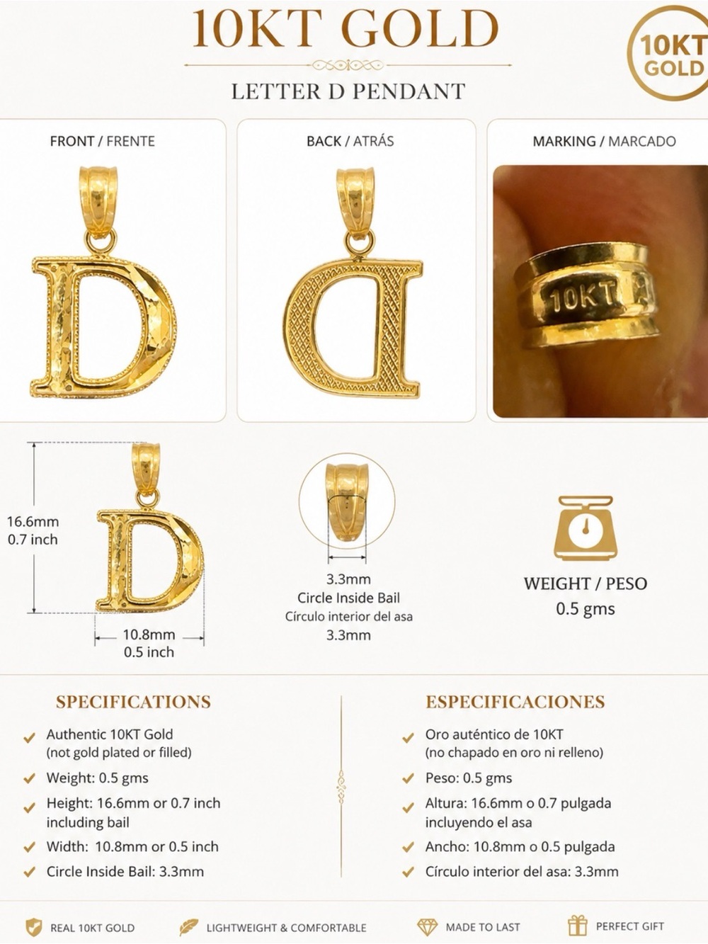 10KT Gold Letter D Pendant - Classic Gold Initial Necklace